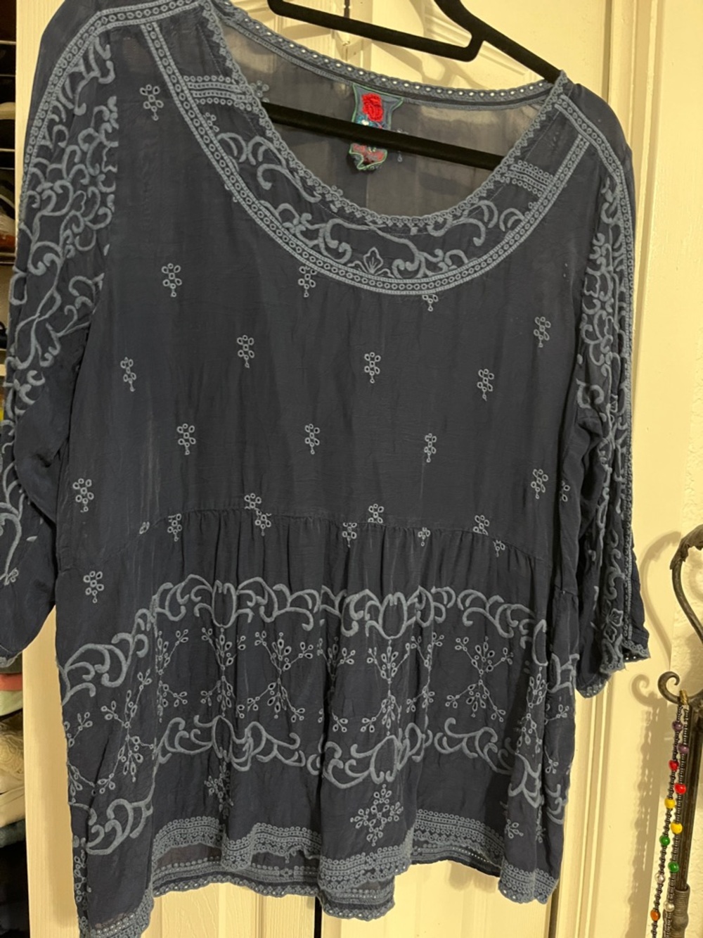 Johnny Was Navy Blue Embroidered Peasant Tunic